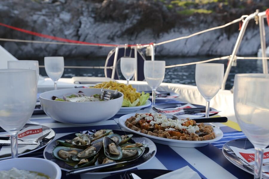 Santorini: Private Catamaran Cruise with Food & Drinks - Mésa Pigádia, lunch, and time in the water